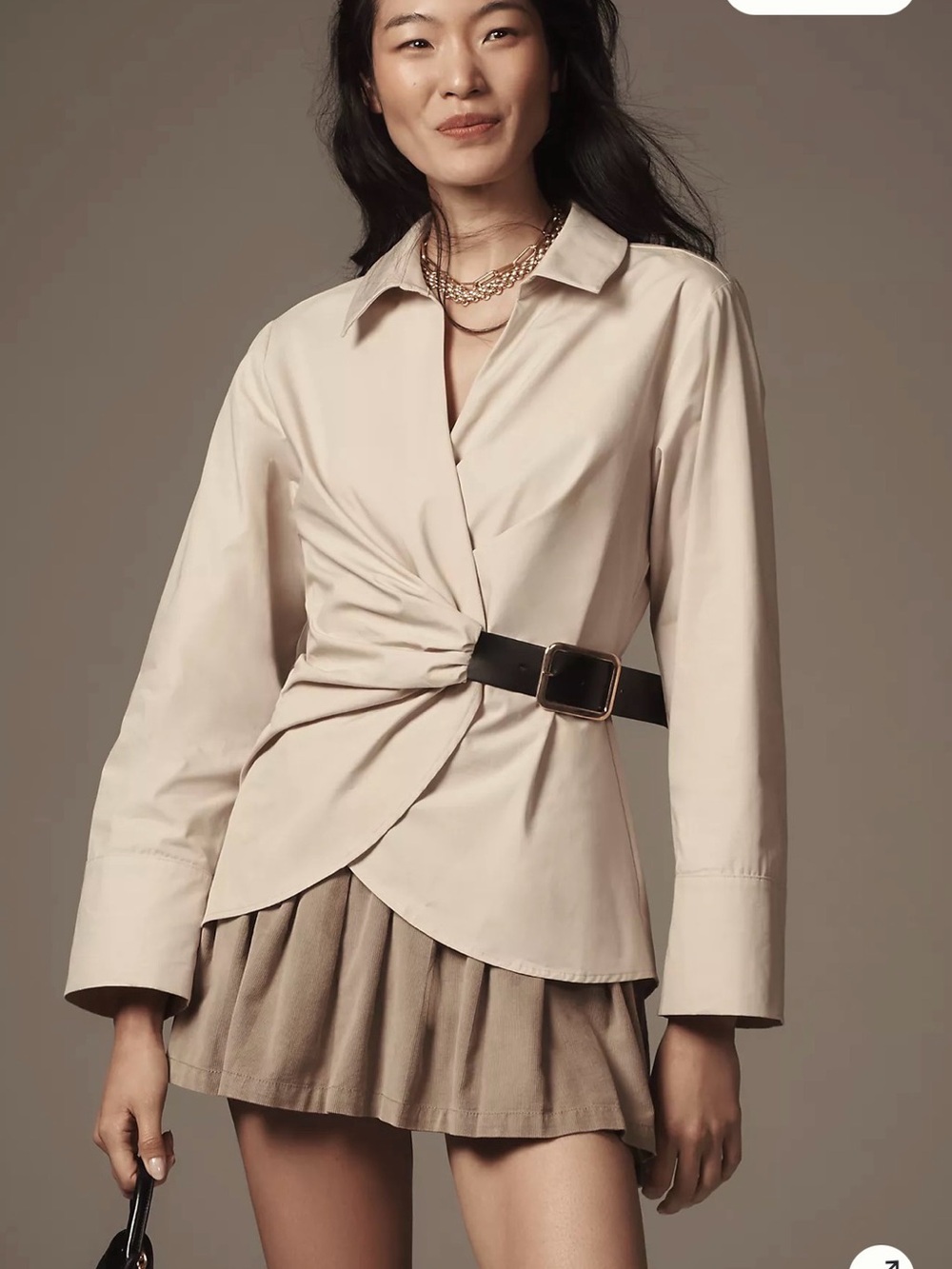 Anthropologie Beige Twist-Waist Belted Shirt